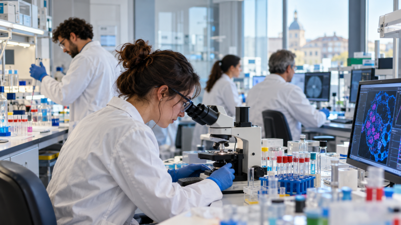 Ricercatori impegnati in un laboratorio biomedico moderno, immagine simbolica dell'attività di ricerca sanitaria del DAIRI di Alessandria.