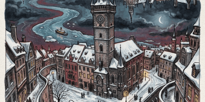 Snowy medieval town with central clocktower and inverted cityscape