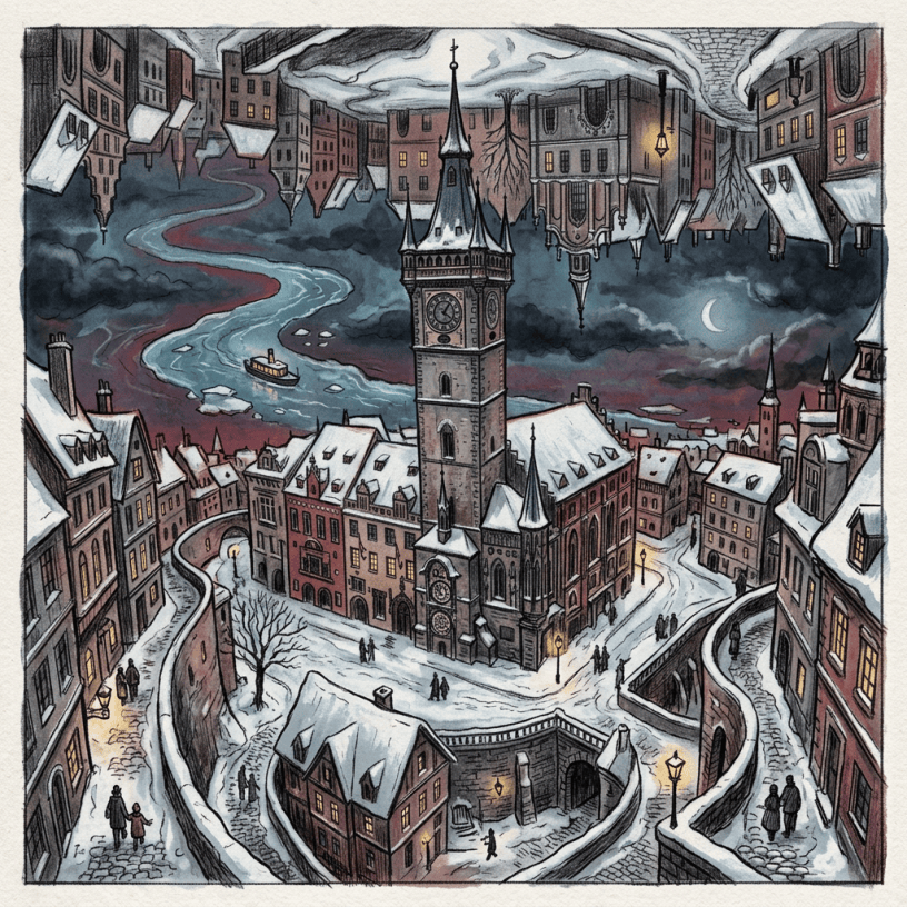 Snowy medieval town with central clocktower and inverted cityscape