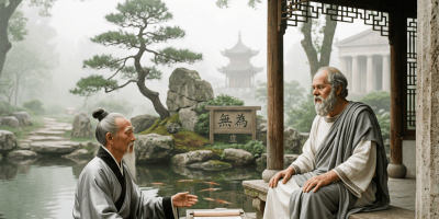 Two robed elders converse beside a pond in a misty traditional garden.