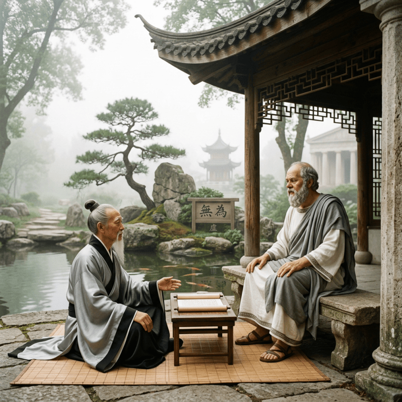 Two robed elders converse beside a pond in a misty traditional garden.
