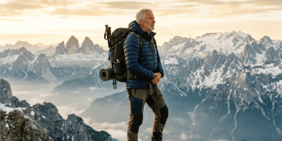 Solitary climber resting on a mountain summit