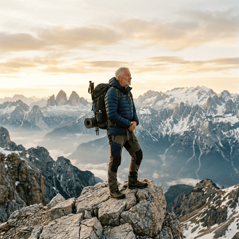 Solitary climber resting on a mountain summit