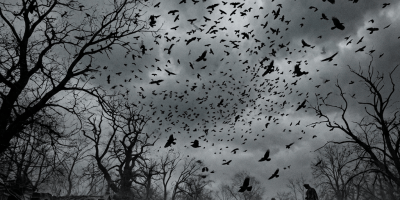 Crows flying over a foggy cemetery beneath dark storm clouds