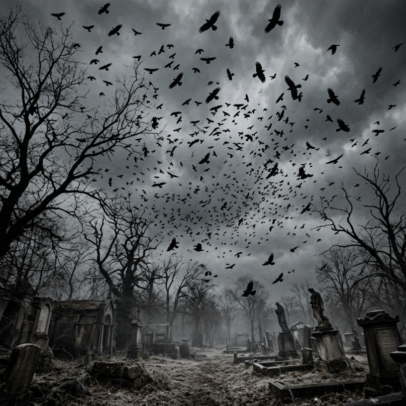 Crows flying over a foggy cemetery beneath dark storm clouds