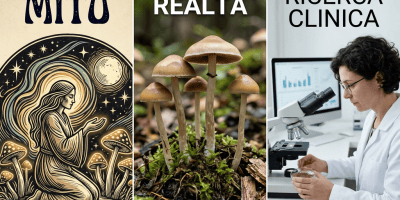 Grafica con testo: “I funghi allucinogeni: mito realtà e ricerca clinica”. Tre sezioni: “MITO”, con illustrazione folkloristica e testo “Credenze antiche e folklore: sciamanesimo e percezioni mistiche”; “REALTÀ”, con funghi nel bosco e testo “La scienza dei funghi: composti psicoattivi e specie botaniche”; “RICERCA CLINICA”, con ricercatrice al microscopio e testo “Studi terapeutici: trattamenti per depressione, ansia e dipendenze”.