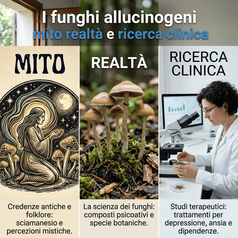 Grafica con testo: “I funghi allucinogeni: mito realtà e ricerca clinica”. Tre sezioni: “MITO”, con illustrazione folkloristica e testo “Credenze antiche e folklore: sciamanesimo e percezioni mistiche”; “REALTÀ”, con funghi nel bosco e testo “La scienza dei funghi: composti psicoattivi e specie botaniche”; “RICERCA CLINICA”, con ricercatrice al microscopio e testo “Studi terapeutici: trattamenti per depressione, ansia e dipendenze”.