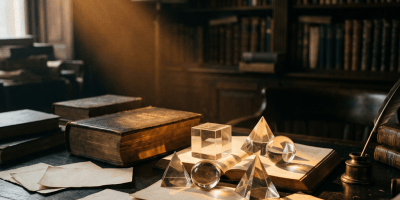 Antique study desk with books, papers, glass spheres, cubes, and pyramids