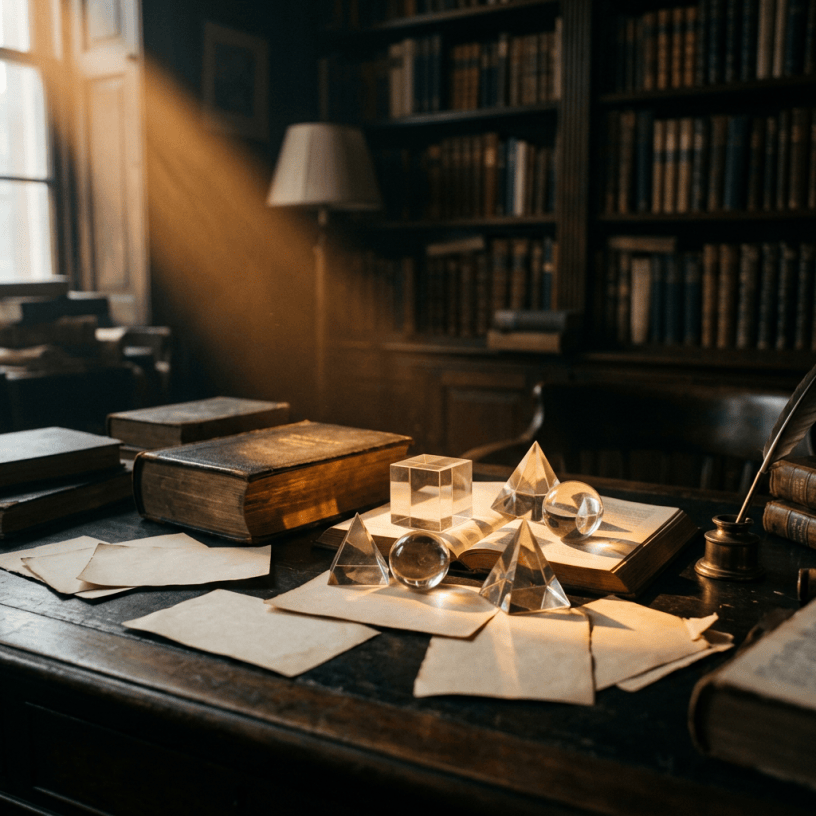 Antique study desk with books, papers, glass spheres, cubes, and pyramids