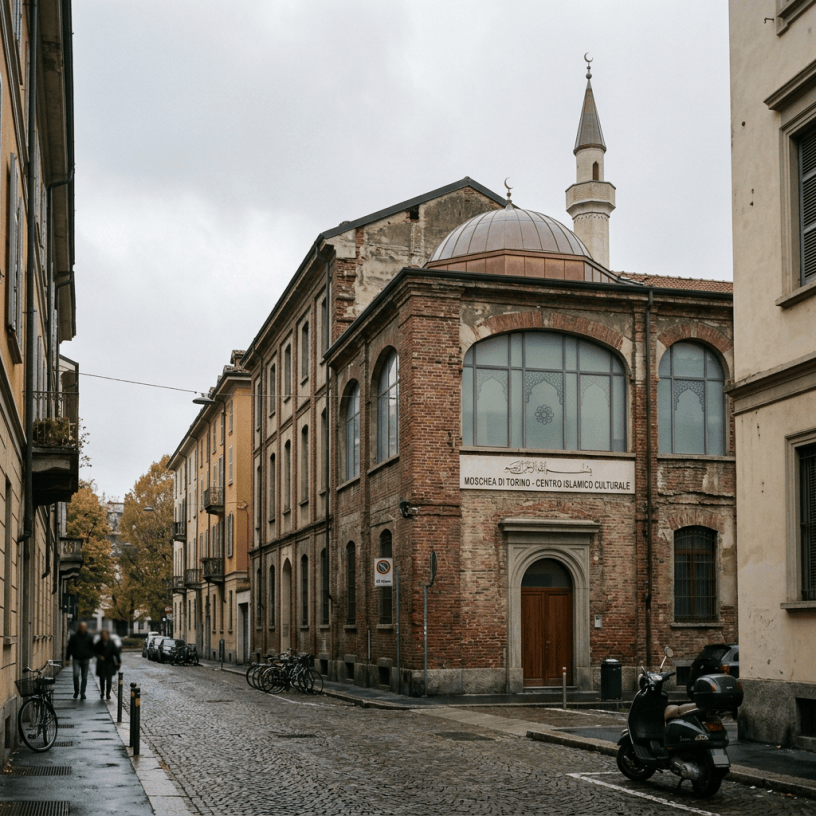 Mosque of Turin Cultural Islamic Center on a cobblestone street