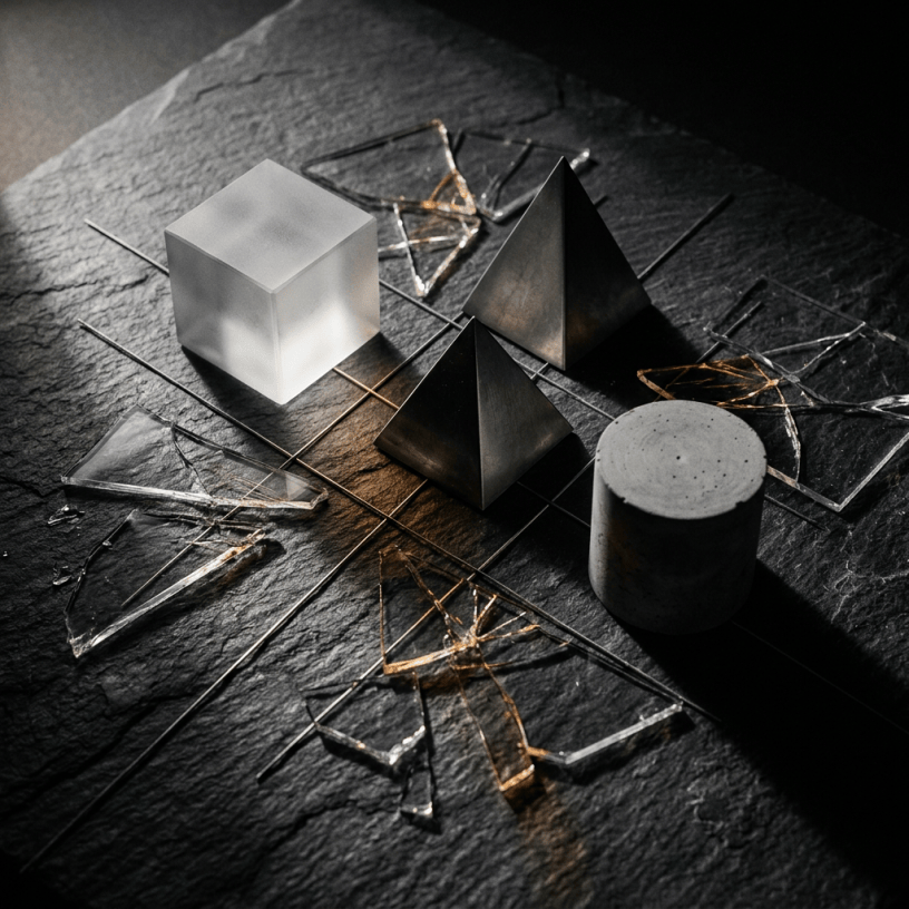 Geometric sculptures and fragmented glass arranged on a dark stone surface
