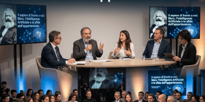 Panel con pubblico e testo: Il sapere di fronte a noi: Marx, l’Intelligenza Artificiale e la sfida dell’appartenenza