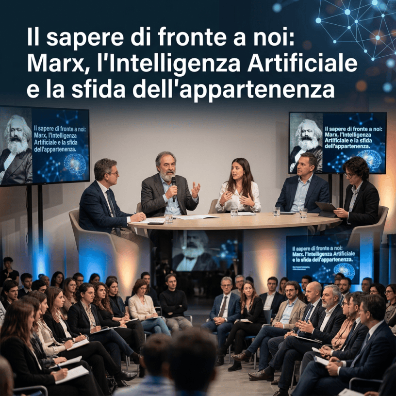 Panel con pubblico e testo: Il sapere di fronte a noi: Marx, l’Intelligenza Artificiale e la sfida dell’appartenenza