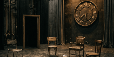 Empty theater stage with chairs, scattered scripts, and a large wall clock
