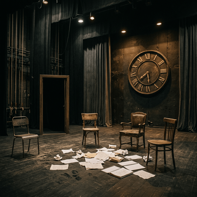 Empty theater stage with chairs, scattered scripts, and a large wall clock