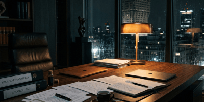 Financial desk with documents and labels reading “MILANO FINANZIARIA” and “ACCORDI - 2023”