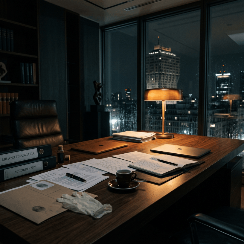 Financial desk with documents and labels reading “MILANO FINANZIARIA” and “ACCORDI - 2023”