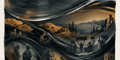 Surreal collage combining a digital interface, landscape, buildings, and silhouetted people