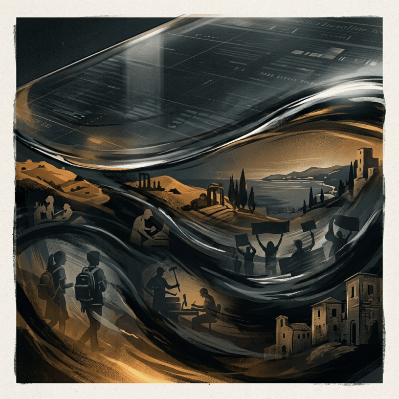 Surreal collage combining a digital interface, landscape, buildings, and silhouetted people