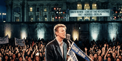 David Bowie performs before Reichstag; banner reads “DAVID BOWIE - LIVE AT THE REICHSTAG 1987 - HEROES - BERLIN.”