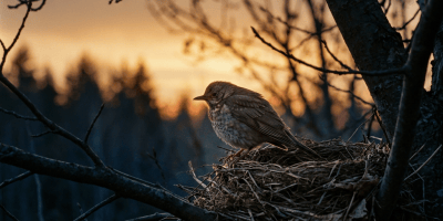 Songbird perched on a nest among bare branches at sunset