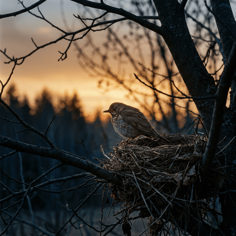 Songbird perched on a nest among bare branches at sunset