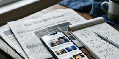 Smartphone on a newspaper beside a handwritten notebook, pen, coffee, and blue cloth