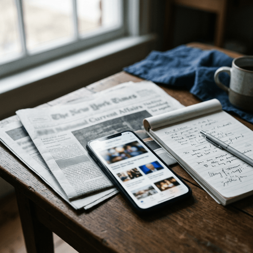 Smartphone on a newspaper beside a handwritten notebook, pen, coffee, and blue cloth