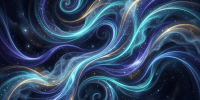 Colorful swirling light streams and stars against a dark cosmic background