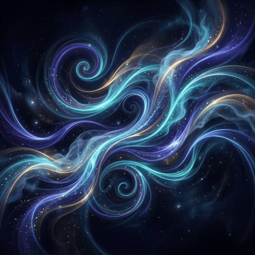 Colorful swirling light streams and stars against a dark cosmic background