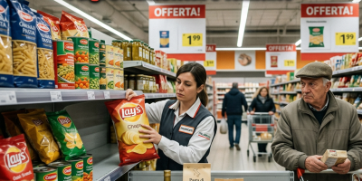 Titolo: “L’illusione dello scaffale pieno: come la GDO sta lasciando indietro l’agroalimentare italiano”; supermercato con commessa, cliente e prodotti alimentari italiani.