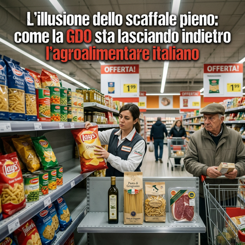 Titolo: “L’illusione dello scaffale pieno: come la GDO sta lasciando indietro l’agroalimentare italiano”; supermercato con commessa, cliente e prodotti alimentari italiani.