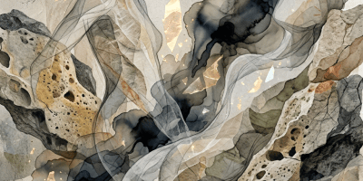 Abstract watercolor of translucent figures woven through dark rocks and gold fragments