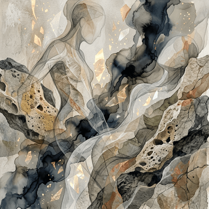 Abstract watercolor of translucent figures woven through dark rocks and gold fragments