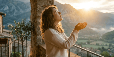 Woman welcoming sunrise from a mountain balcony with hands raised