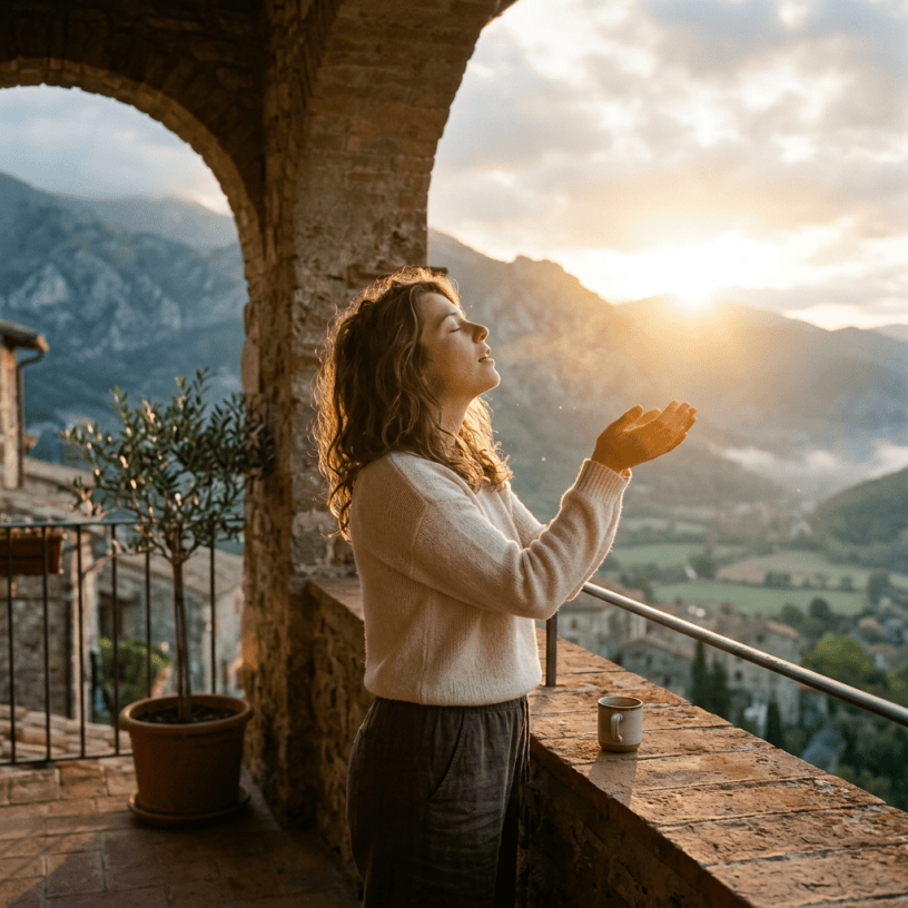 Woman welcoming sunrise from a mountain balcony with hands raised