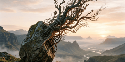 Twisted ancient tree on a rocky cliff above a misty mountain valley