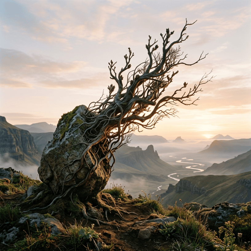 Twisted ancient tree on a rocky cliff above a misty mountain valley