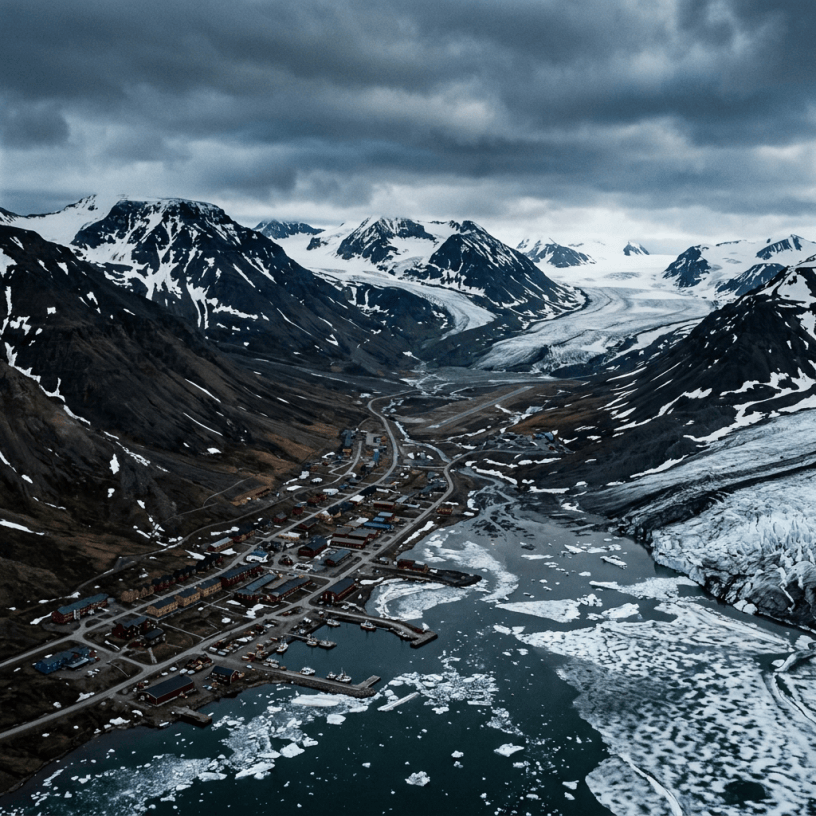 Remote settlement beside a glacier-fed fjord and snow-covered mountains