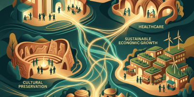 Illustration labeled EDUCATION, HEALTHCARE, CULTURAL PRESERVATION, SUSTAINABLE ECONOMIC GROWTH, and TRIBAL COMMUNITY, connected by glowing pathways