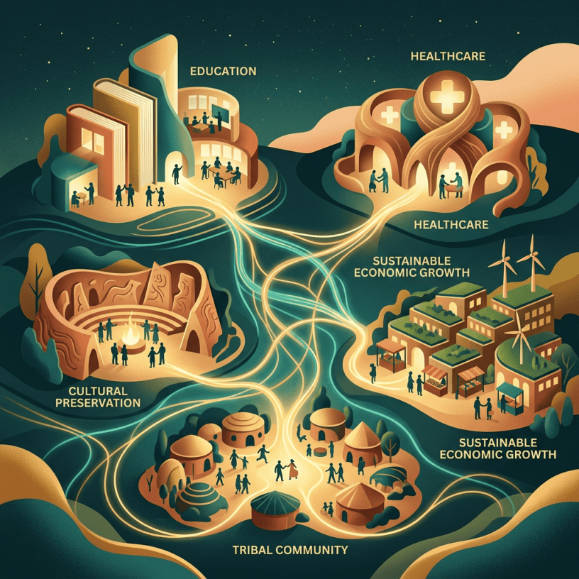 Illustration labeled EDUCATION, HEALTHCARE, CULTURAL PRESERVATION, SUSTAINABLE ECONOMIC GROWTH, and TRIBAL COMMUNITY, connected by glowing pathways