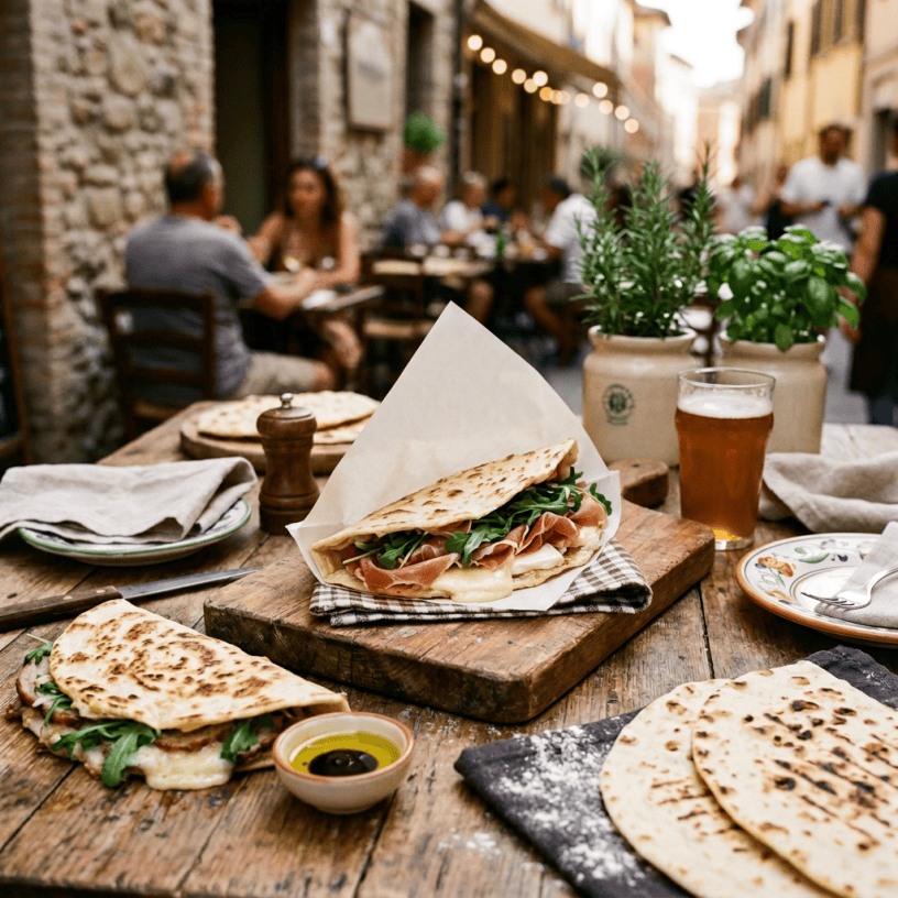 Piadina sandwiches served on a wooden table at an Italian café
