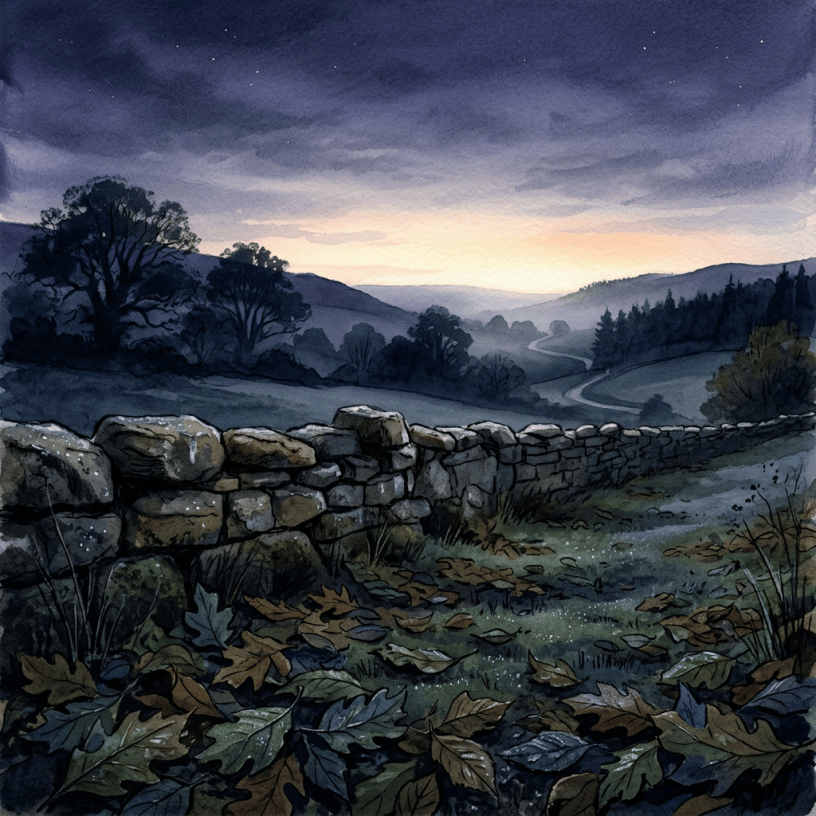 Stone wall overlooking a winding road, wooded hills, and starry twilight sky