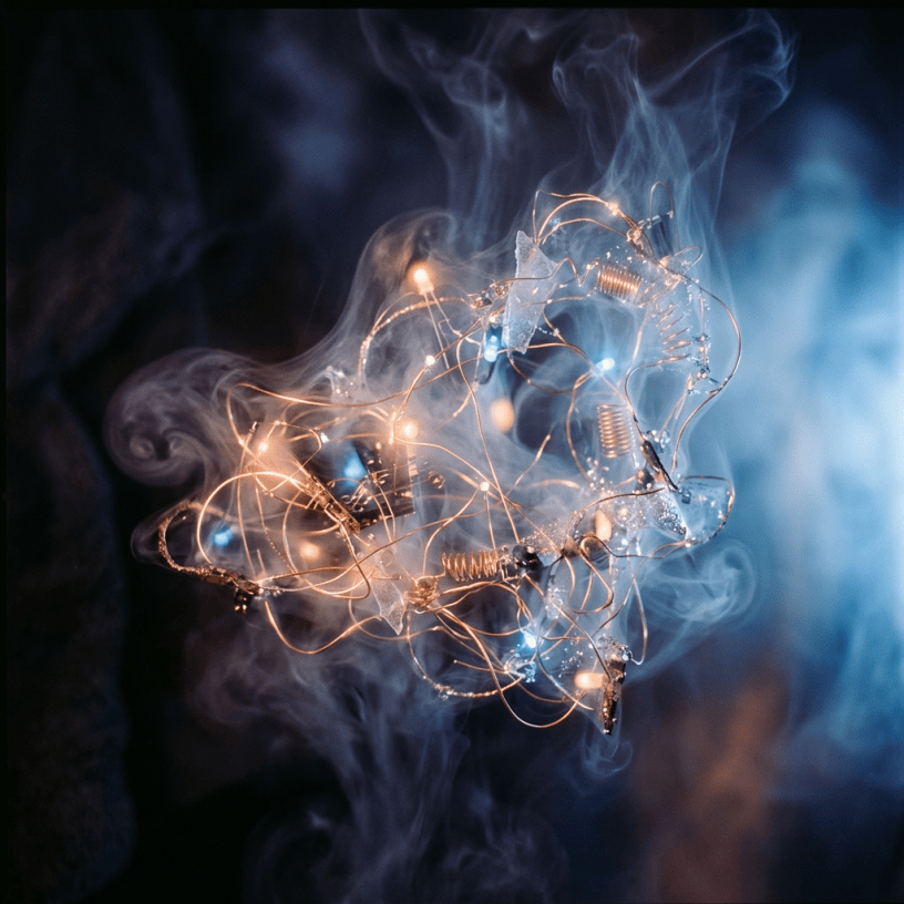 Glowing wire sculpture with blue lights surrounded by swirling smoke