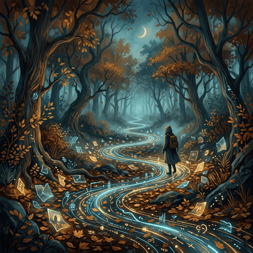 Hooded traveler walking along a glowing path through an autumn forest