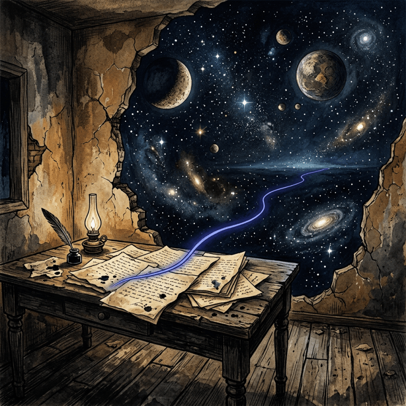 Writing desk with papers, quill, and lamp overlooking planets and galaxies