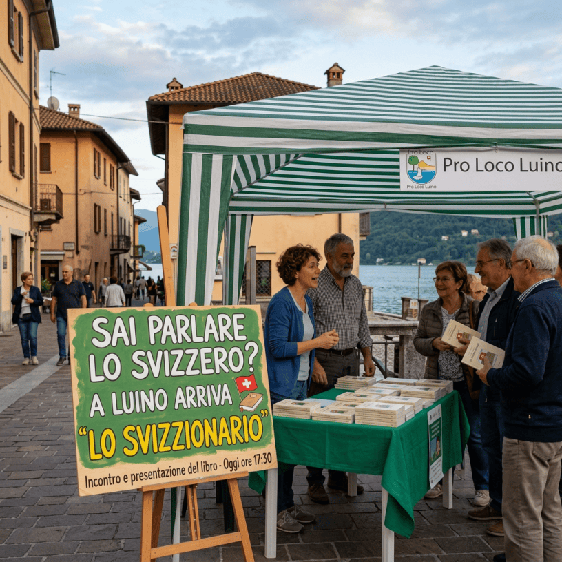 Book stall with sign reading “SAI PARLARE LO SVIZZERO? A LUINO ARRIVA ‘LO SVIZZIONARIO’ Incontro e presentazione del libro - Oggi ore 17:30” and Pro Loco Luino banner.