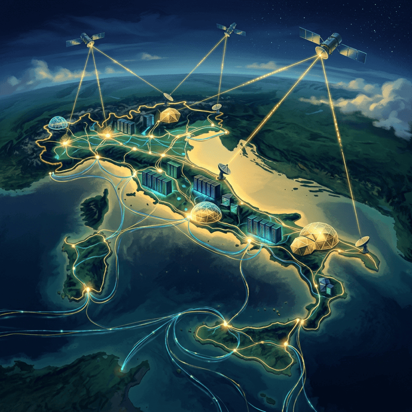 Illustration of satellites linking glowing data centers across coastal islands