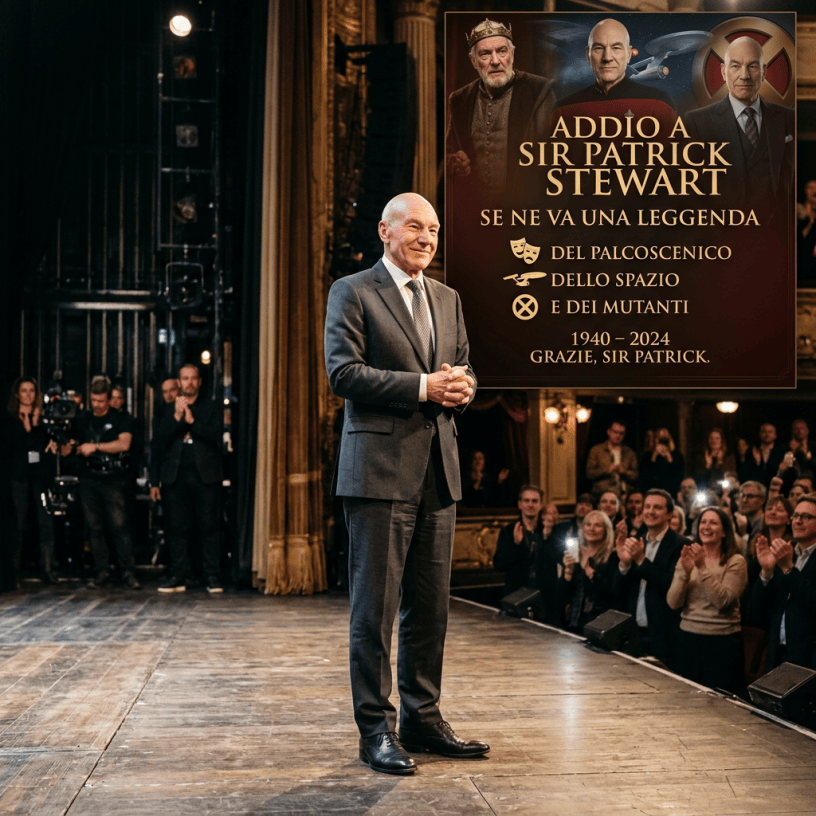 Sir Patrick Stewart onstage beside poster reading “ADDIO A SIR PATRICK STEWART,” “SE NE VA UNA LEGENDA DEL PALCOSCENICO DELLO SPAZIO E DEI MUTANTI,” “1940–2024,” and “GRAZIE, SIR PATRICK.”