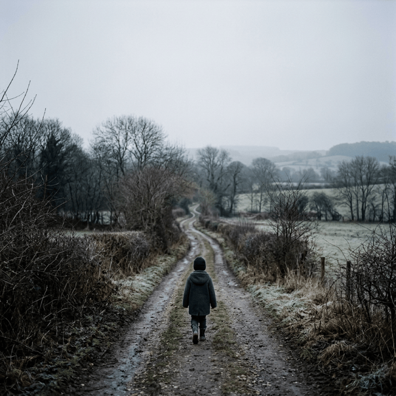 Child walking along a frosty rural path beneath leafless trees